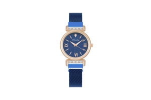 Close-up of elegant ladies' quartz watch with starry blue dial and magnetic mesh strap