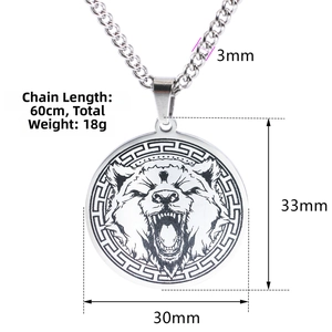 Detailed size chart for silver wolf pendant necklace with 60cm chain and 30mm diameter