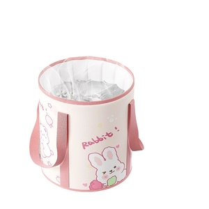 Portable pink folding foot bath bucket with rabbit illustration and sturdy handles