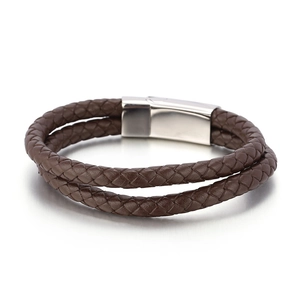 Men's double-wrap brown braided leather bracelet with a polished silver magnetic clasp