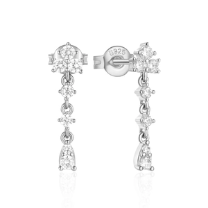 Detailed view of S925 sterling silver earrings with round and teardrop zircon pendants