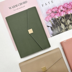 Detail of lychee pattern leather notebooks in green and beige with magnetic metal buckles