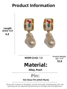 Detailed size specifications and materials for Baroque pearl rose drop earrings