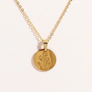 Minimalist titanium steel oval gold necklace featuring embossed floral rose pendant details