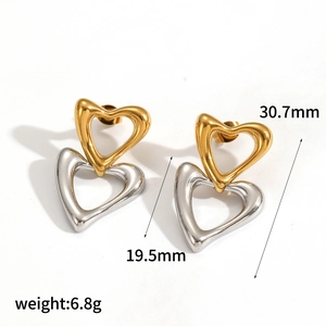 Two-tone interlocking heart earrings in polished gold and silver stainless steel