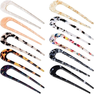 Set of 10 tortoiseshell and marble acetate U-shaped hair pins for bun styling