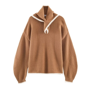 Pull En Maille Pour Femmes Manches Longues Bordure Dentelle Col V Élégant Camel Acrylique Polyester Coton