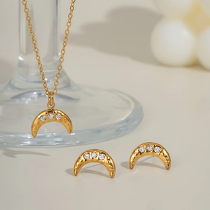 Gold moon jewelry set with sparkling rhinestones necklace and stud earrings set