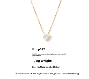 Detail view of heart zircon pendant on 18k gold plated titanium steel chain with measurements