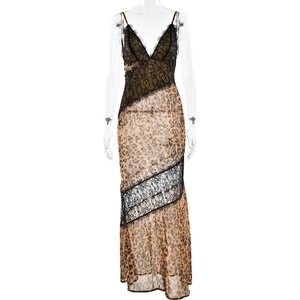 Robe longue sexy sans manches à imprimé léopard et dentelle noire avec col en V