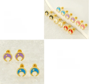 Detailed view of 18k gold plated star and moon stud earrings with colorful enamel dripping