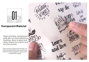 Close-up of clear scrapbooking stickers with motivational quotes showing easy peeling