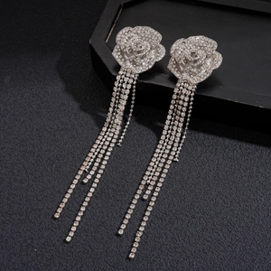 Exquisite silver rose flower tassel earrings with sparkling rhinestones and long fringe