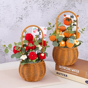 Hand Knitted Crochet Flower Basket Artificial Yarn Strawberry Persimmon Sunflower Fruit Arrangement Home Decor Gift