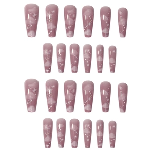 Unghie finte ballerina lunghe rosa nude con nuvole e glitter stellati set da 24