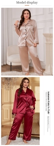 Detail of plus size silk satin pajama set with long sleeves and black piping trim details