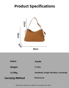 Spécifications détaillées de taille pour le sac bandoulière en suédine marron