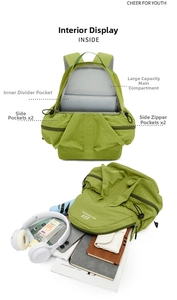 Detailed view of green nylon travel backpack featuring multiple pockets and large capacity
