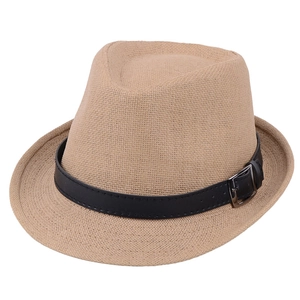 Classic khaki straw fedora hat with black faux leather band and silver metal buckle