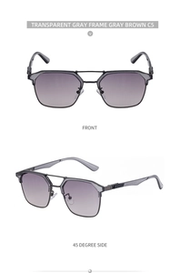 Detail view of transparent gray geometric sunglasses with double bridge and metal accents