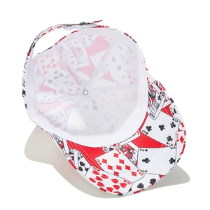 Internal view of the poker print baseball cap showing white inner seam tape and metal buckle