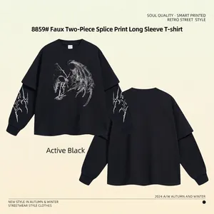 Streetwear Lagen-Look Langarmshirt in Aktivschwarz mit Vintage-Grafikdrucken für Herren