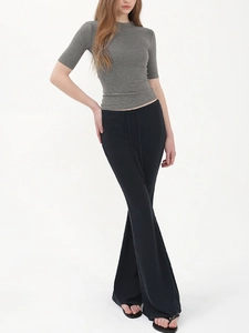 Slim fit grey round neck t-shirt and black high waist flared pants set for women