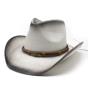 Hand-painted cowboy straw hat with vintage skull emblem and wide rolled brim for sun protection