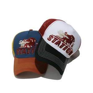 Vintage bull head motorcycle trucker hats with breathable mesh and station embroidery