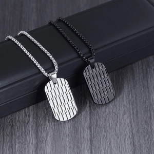 Titanium steel dog tag necklaces in silver and black with textured rectangle pendants
