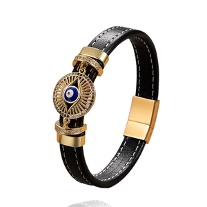 Bracciale punk da uomo in pelle con occhio del diavolo, chiusura magnetica oro e cristalli