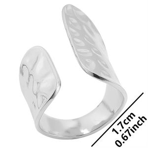 Detail view of silver stainless steel open ring showing hammer texture and 1.7cm size