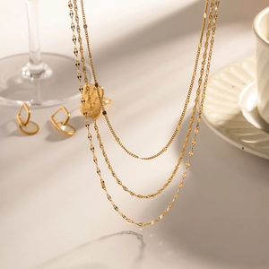 Three-layer 18k gold plated stainless steel necklace set with earrings and a ring