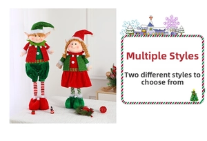 Detail of plush Christmas elf dolls featuring red and green stripe legs and pointed ears