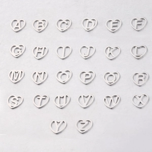 Set of 26 silver stainless steel hollow heart-shaped alphabet pendants A-Z for DIY jewelry