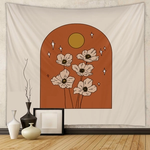 Detailed boho wall tapestry with terracotta arch and floral sun design on textured wall
