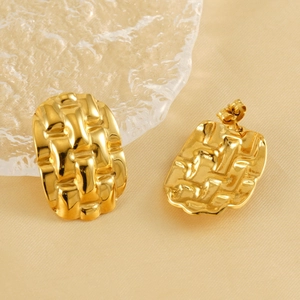 Square earrings with 18k gold plating and woven texture shown from front and back view