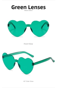 Front and 45-degree side views of green heart-shaped rimless sunglasses with jelly texture