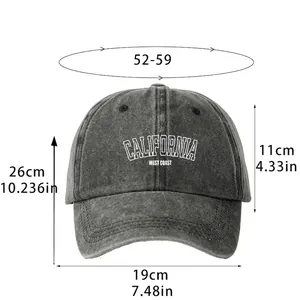 Charcoal gray washed cotton baseball cap with California embroidery and detailed size guide
