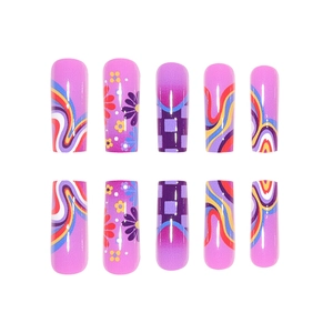 Long square purple press-on nails with checkered patterns and floral nail art designs