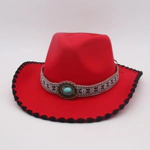 Red felt cowboy hat with ethnic braided band and turquoise silver buckle detail
