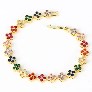 Colorful clover bracelet with gold plated copper and sparkling multi-color zircon stones