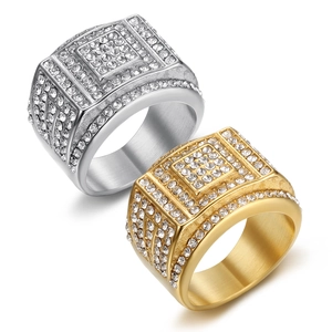 Men Hip Hop Titanium Steel Square Face Full Rhinestone Ring Personalized Punk Gold Silver Electroplated Fashion Jewelry