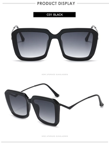 Front and side detail view of large square black sunglasses with gradient lenses