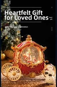 Detailed close-up of a vintage Christmas carriage music box with Santa inside a snow globe