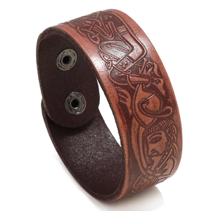 Retro Men Genuine Cowhide Leather Bracelet Embossed Celtic Pattern Punk Gothic Wristband With Iron Snap Buttons