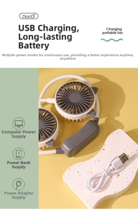 Detail of grey and white neck fan with USB cable showing flexible adjustable dual heads