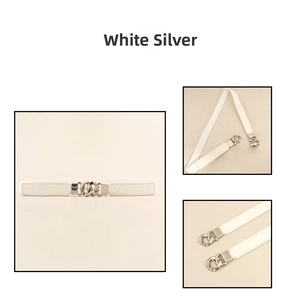 Detailed view of white slim elastic belt featuring a silver multi-ring buckle for dresses