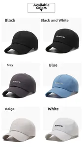 Close-up of Memorie letter embroidery on cotton baseball caps in six different colors