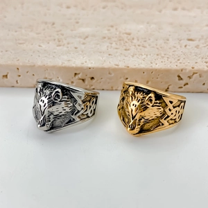 Vintage Viking Celtic wolf head stainless steel rings shown in silver and gold finishes